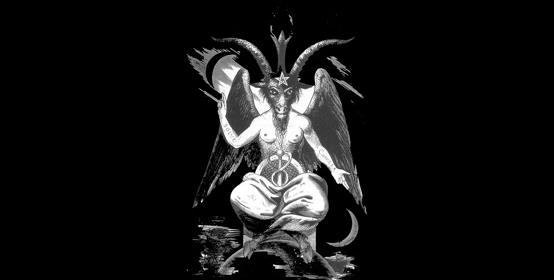 Historic engraving of Baphomet within a dark circular field