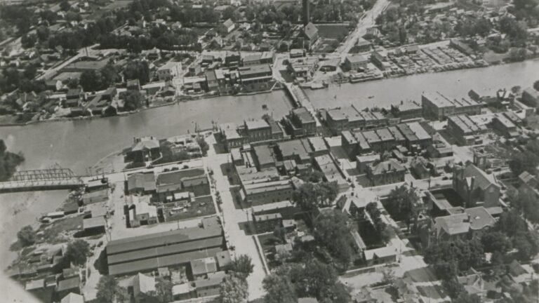 Historic aerial view of Wallaceburg Ontario near the landscape associated with the Baldoon Mystery