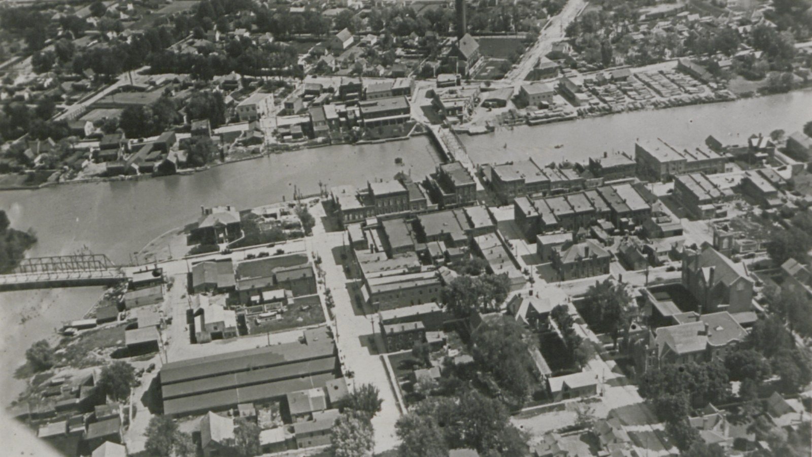 Historic aerial view of Wallaceburg Ontario near the landscape associated with the Baldoon Mystery
