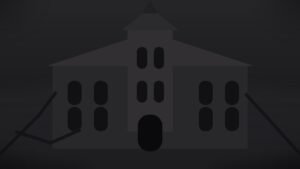 Dark editorial reconstruction of a seventeenth-century Norman convent at night