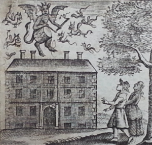 Early illustration of a devil and drum associated with the Tedworth haunting in Saducismus Triumphatus