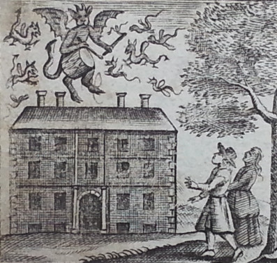 Early illustration of a devil and drum associated with the Tedworth haunting in Saducismus Triumphatus