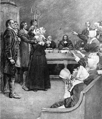 Howard Pyle engraving of accused witches before a Salem court