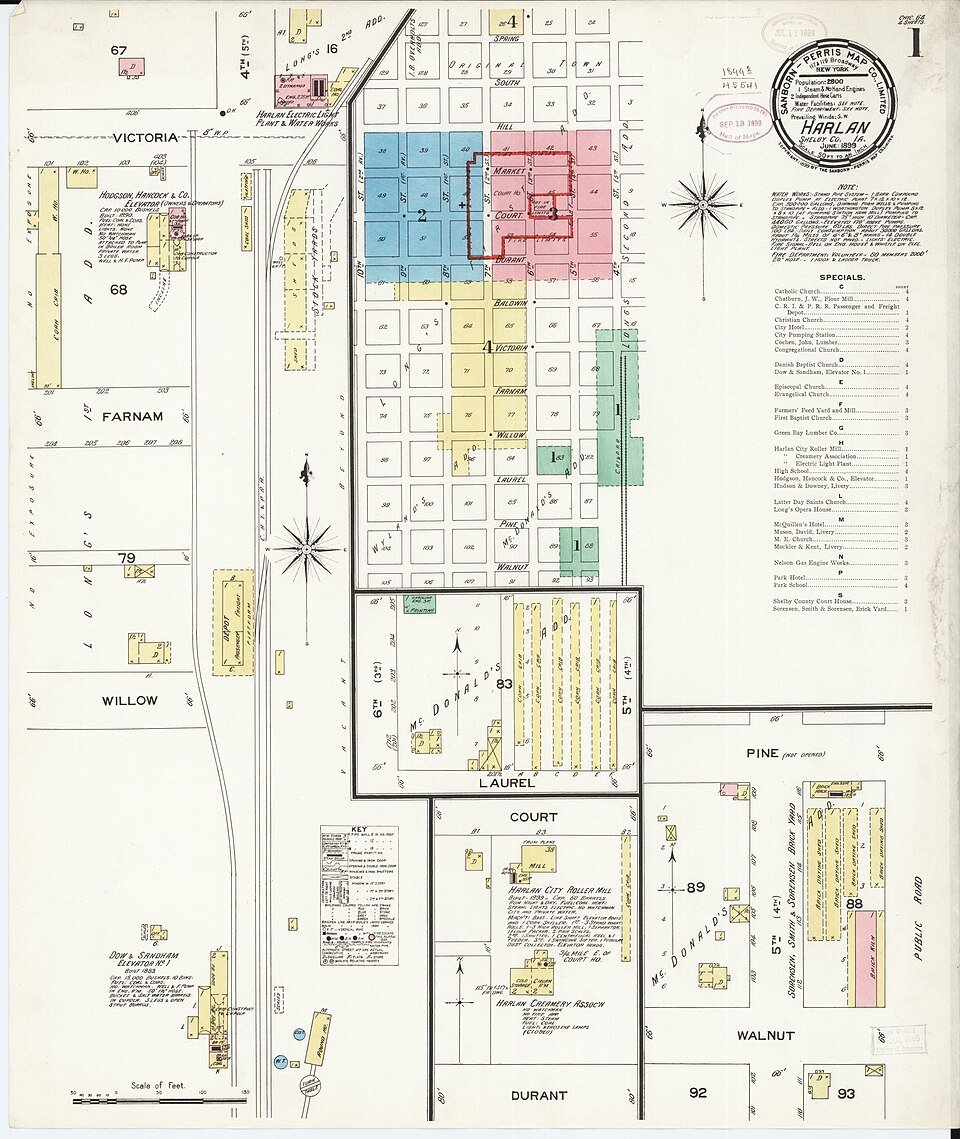 1899 Sanborn map of Harlan in Shelby County, Iowa, providing regional context for Earling