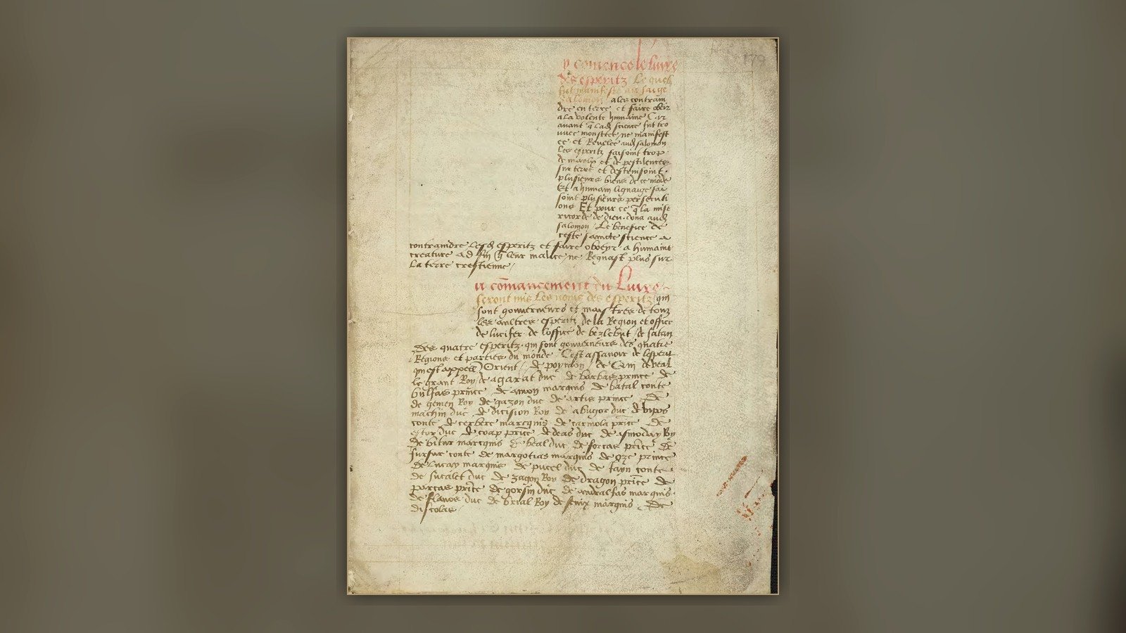 Opening folio of Le Livre des Esperitz in Trinity College Cambridge MS O.8.29