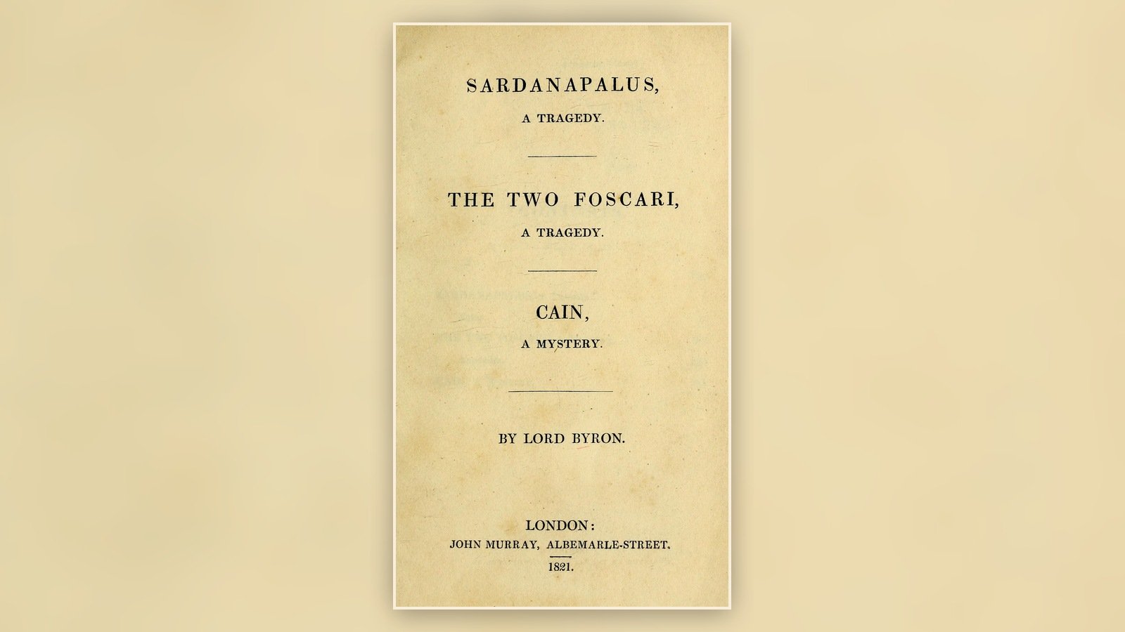 First-edition title page containing Lord Byron’s Cain, published in 1821