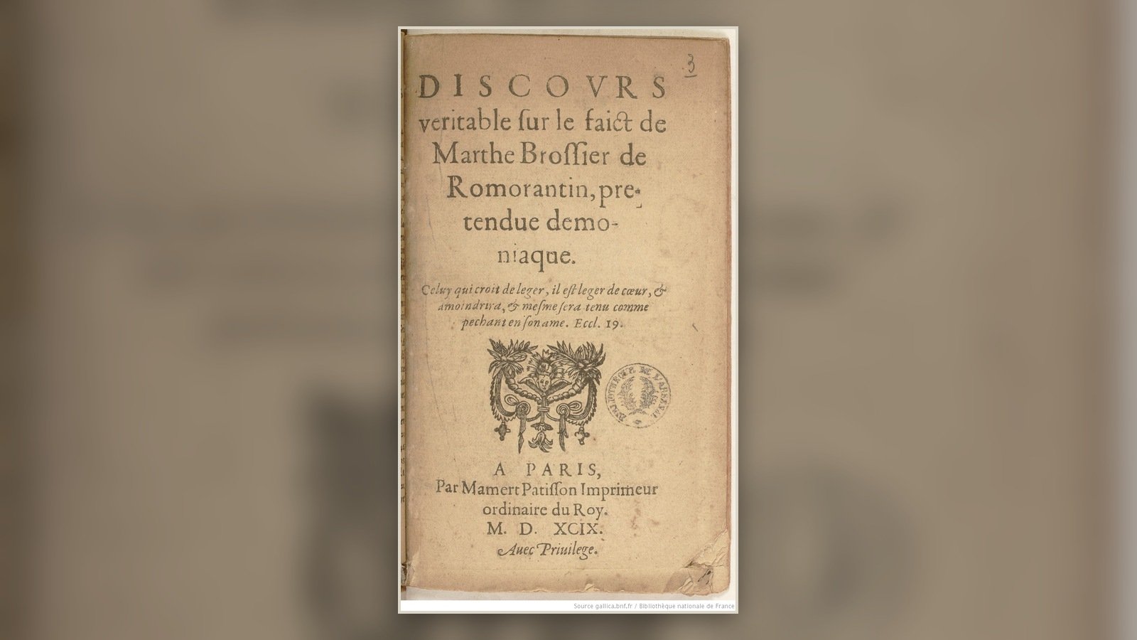 Title page of the 1599 Discours véritable concerning Marthe Brossier