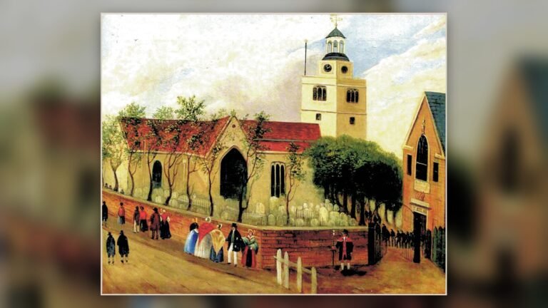 Historical view of the schoolhouse in the churchyard of St Paul’s, Hammersmith