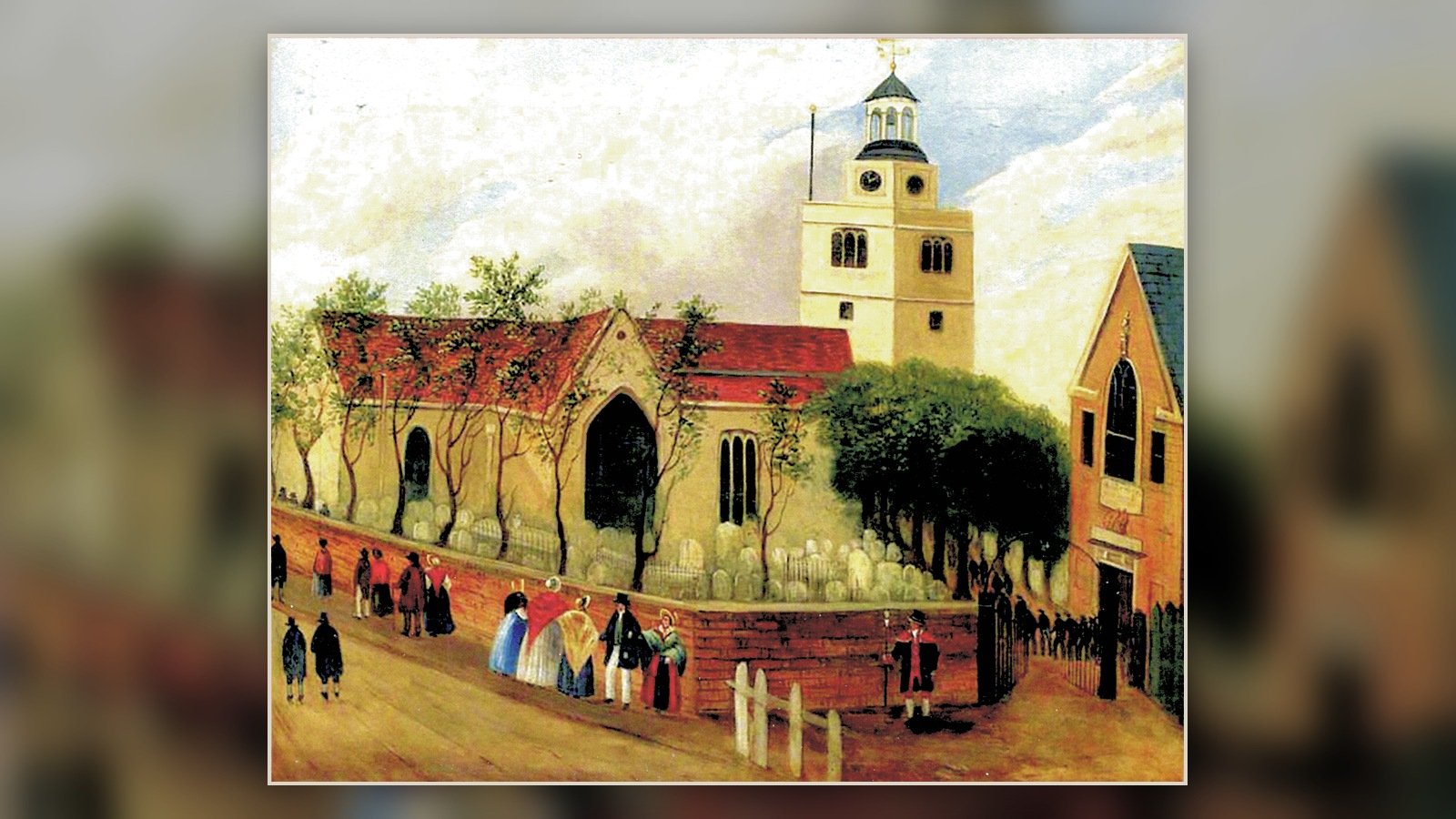 Historical view of the schoolhouse in the churchyard of St Paul’s, Hammersmith